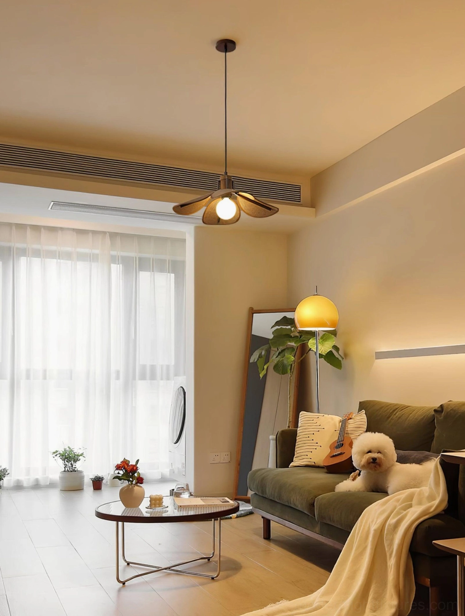 Woven rattan pendant shade with visible bulb socket and dimmer switch compatibility feature