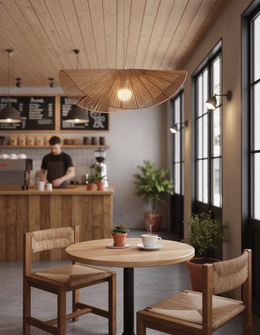 Handwoven rope straw hat style pendant lamp suspended above small round table in commercial cafe setting