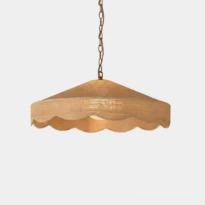 Scalloped rim woven pendant light with natural straw shade and metal chain hanging
