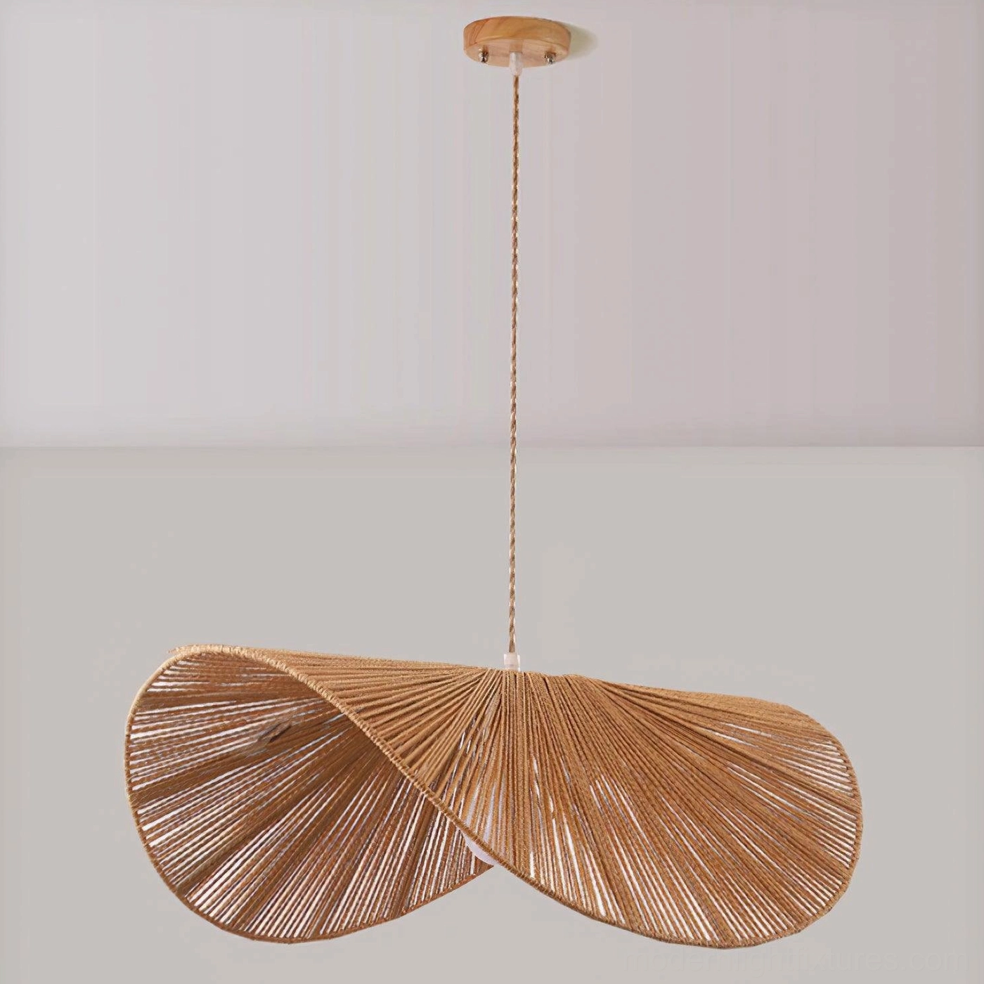 Brown woven straw hat pendant light as focal point in coordinated interior design scheme