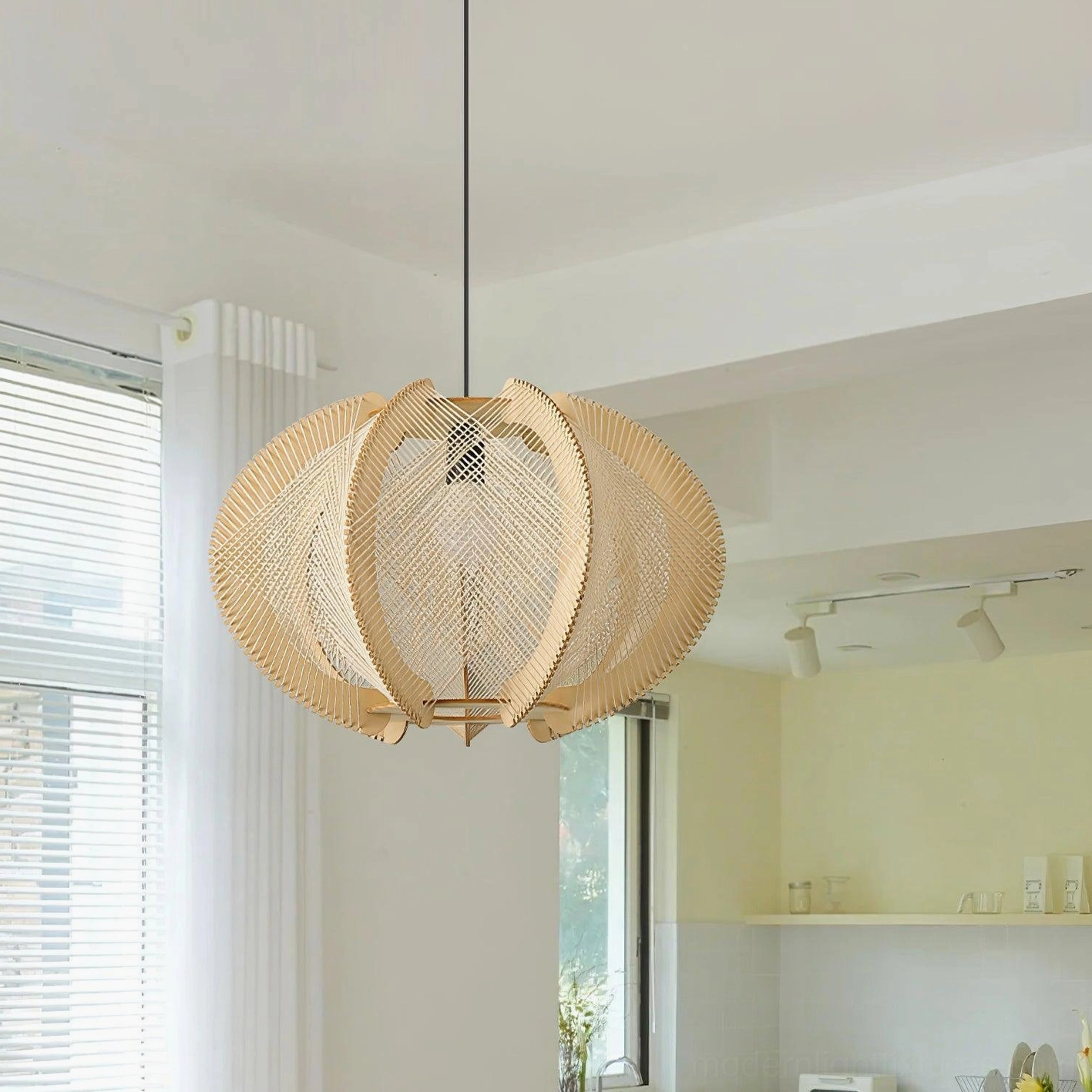 Illuminated modern woven wood pendant light creating diffused warm lighting