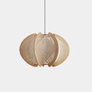Woven wood pendant light with natural wood frame and white woven panels, front view on white background
