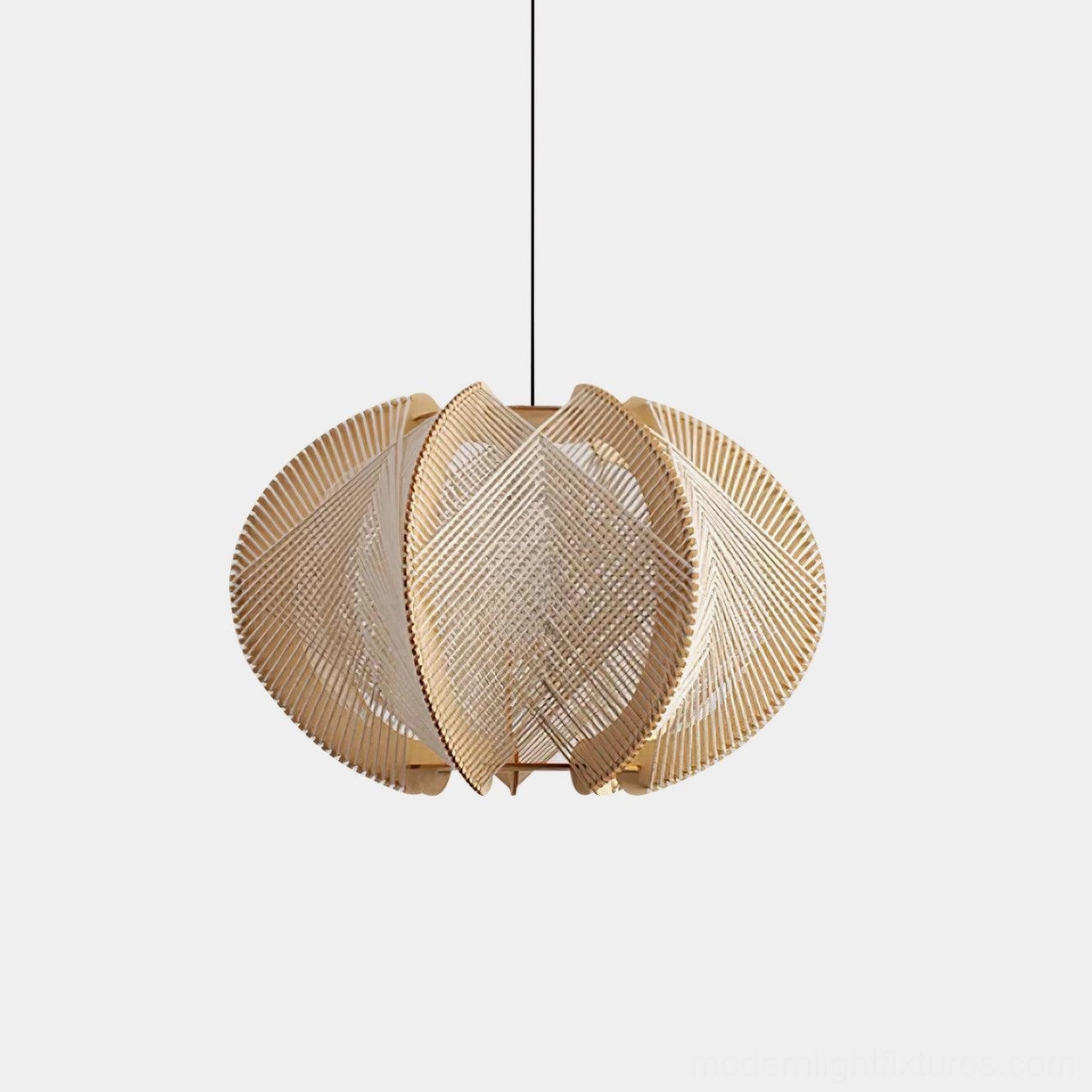 Woven wood pendant light with natural wood frame and white woven panels, front view on white background
