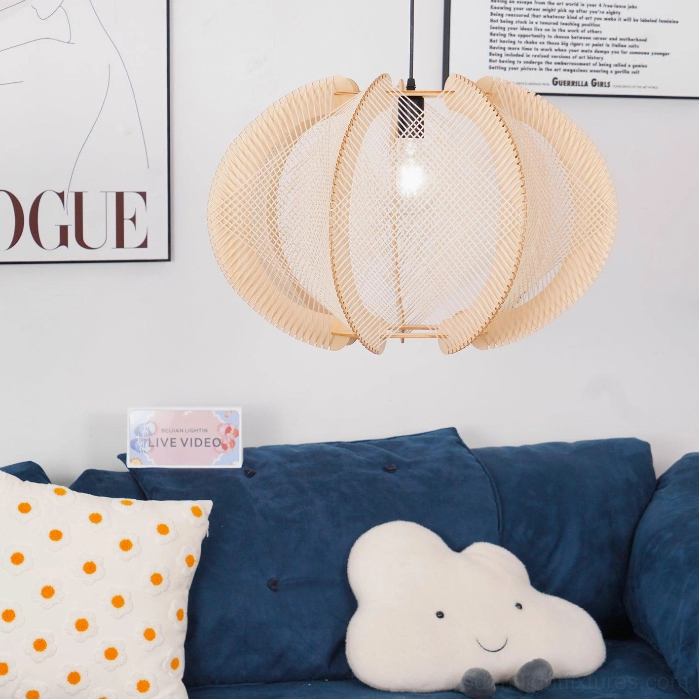 Woven wood pendant light in minimalist interior design space natural lighting