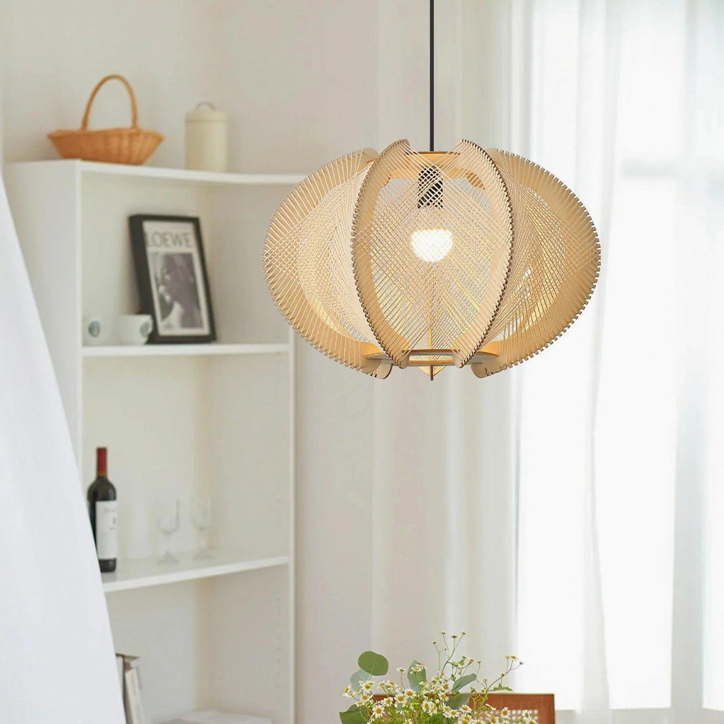 Modern woven wood pendant light multiple sizes comparison hanging display