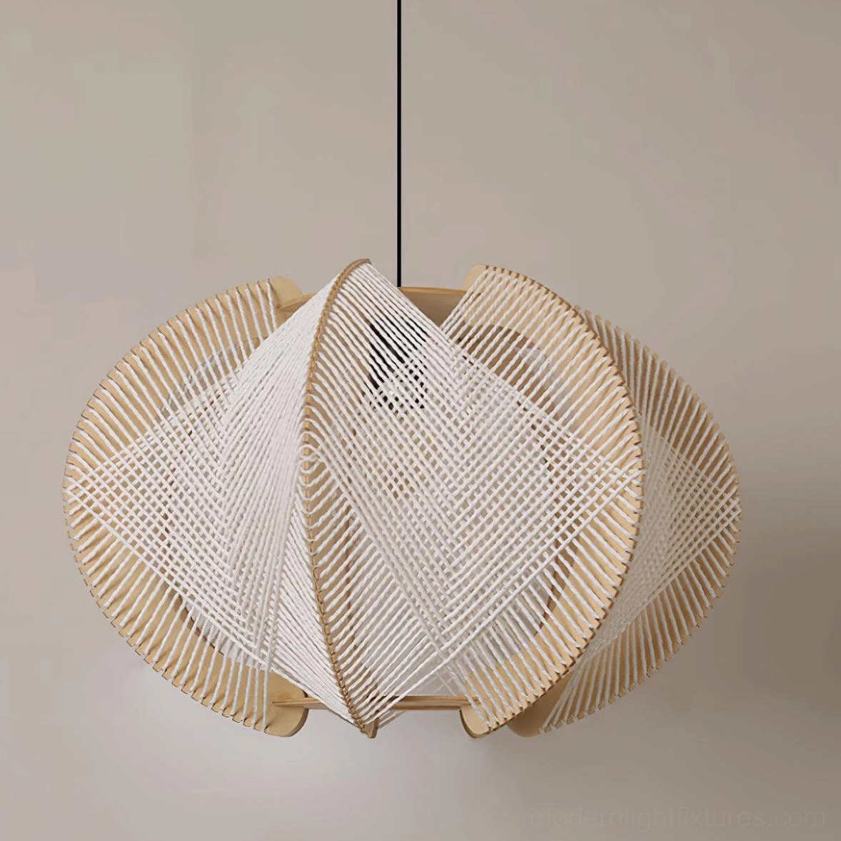 Two-tone woven pendant light with natural wood frame and white fabric panels close-up detail