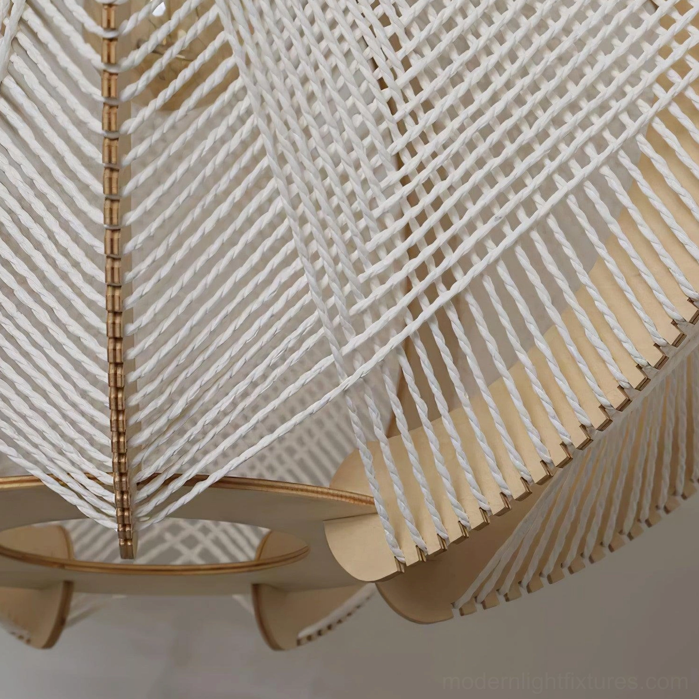 Woven wood pendant light in Japanese wabi-sabi inspired interior aesthetic
