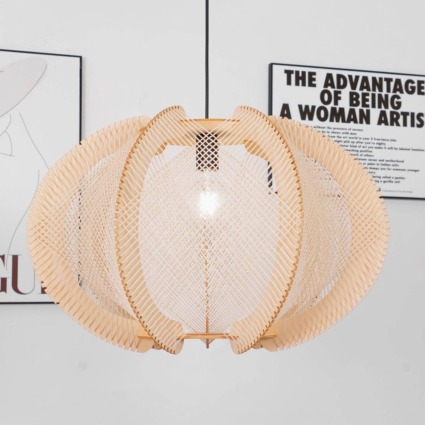 Woven wood pendant light with warm color rendering in home setting