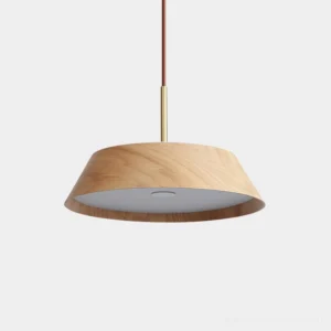 Wynora wood pendant light with brass hardware, front close-up studio view showing walnut wood-grain drum shade