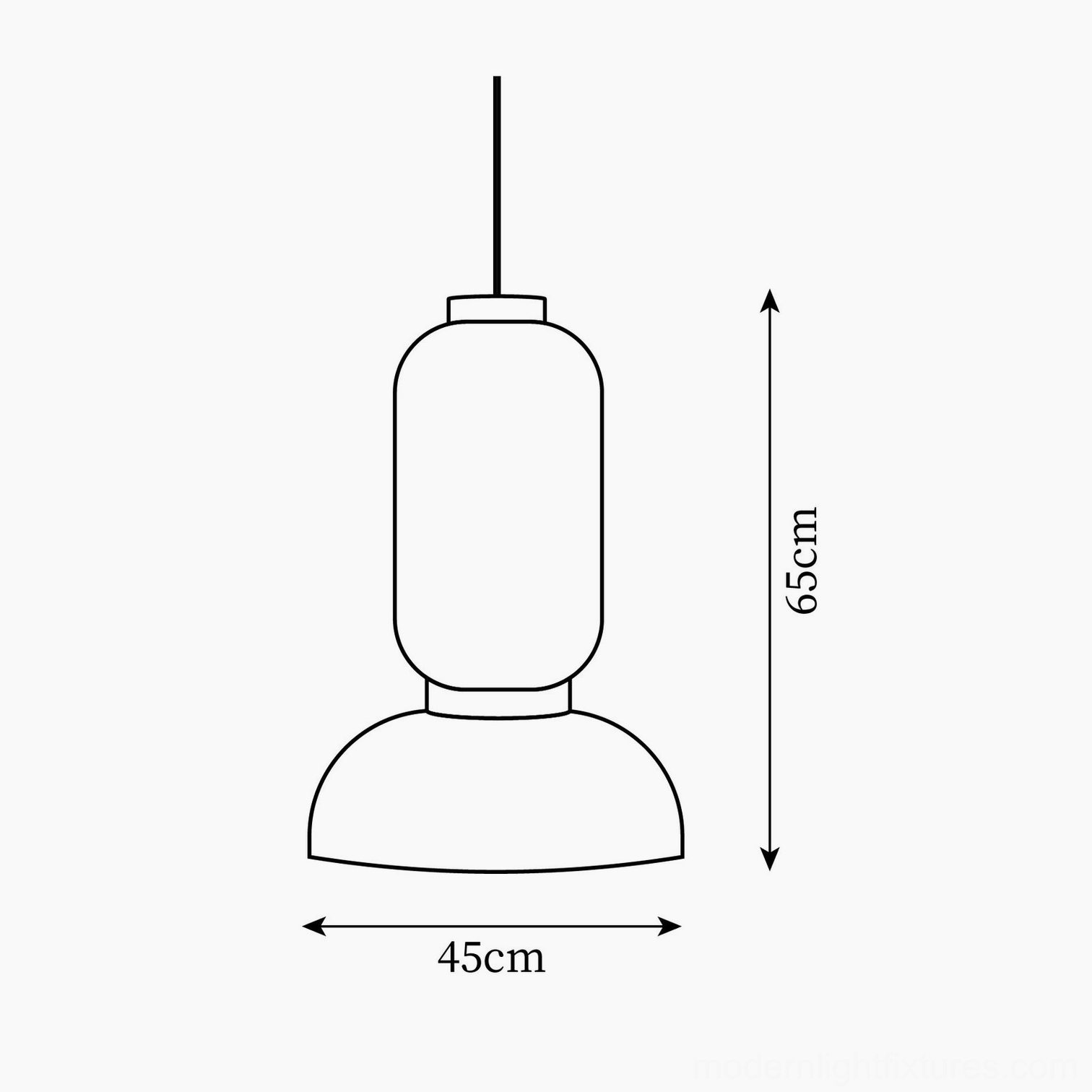 Technical specification diagram for Model A Xuan paper pendant lamp, 45cm diameter by 65cm height