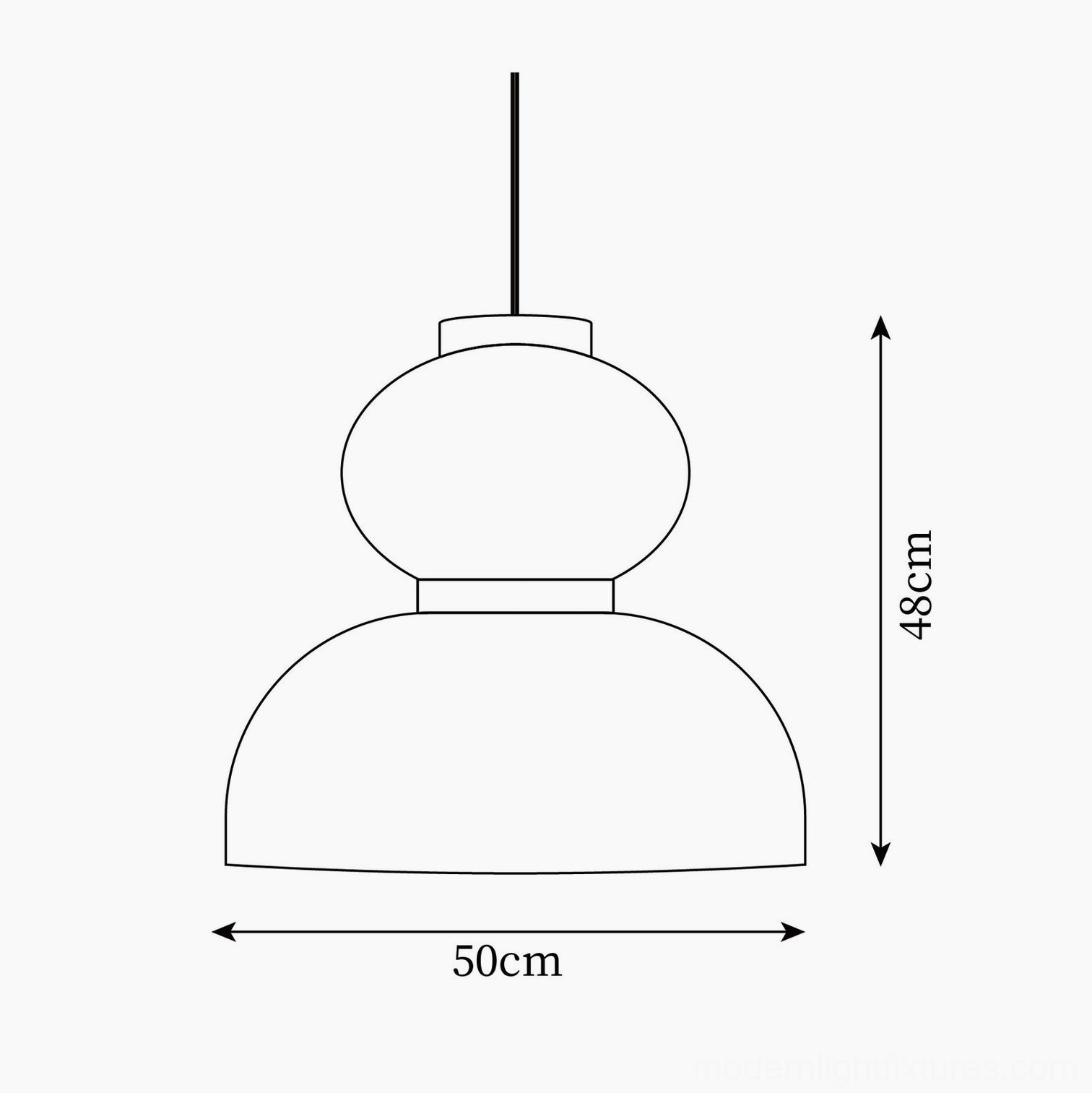 Technical specification diagram for Model B Xuan paper pendant lamp, 50cm diameter by 48cm height