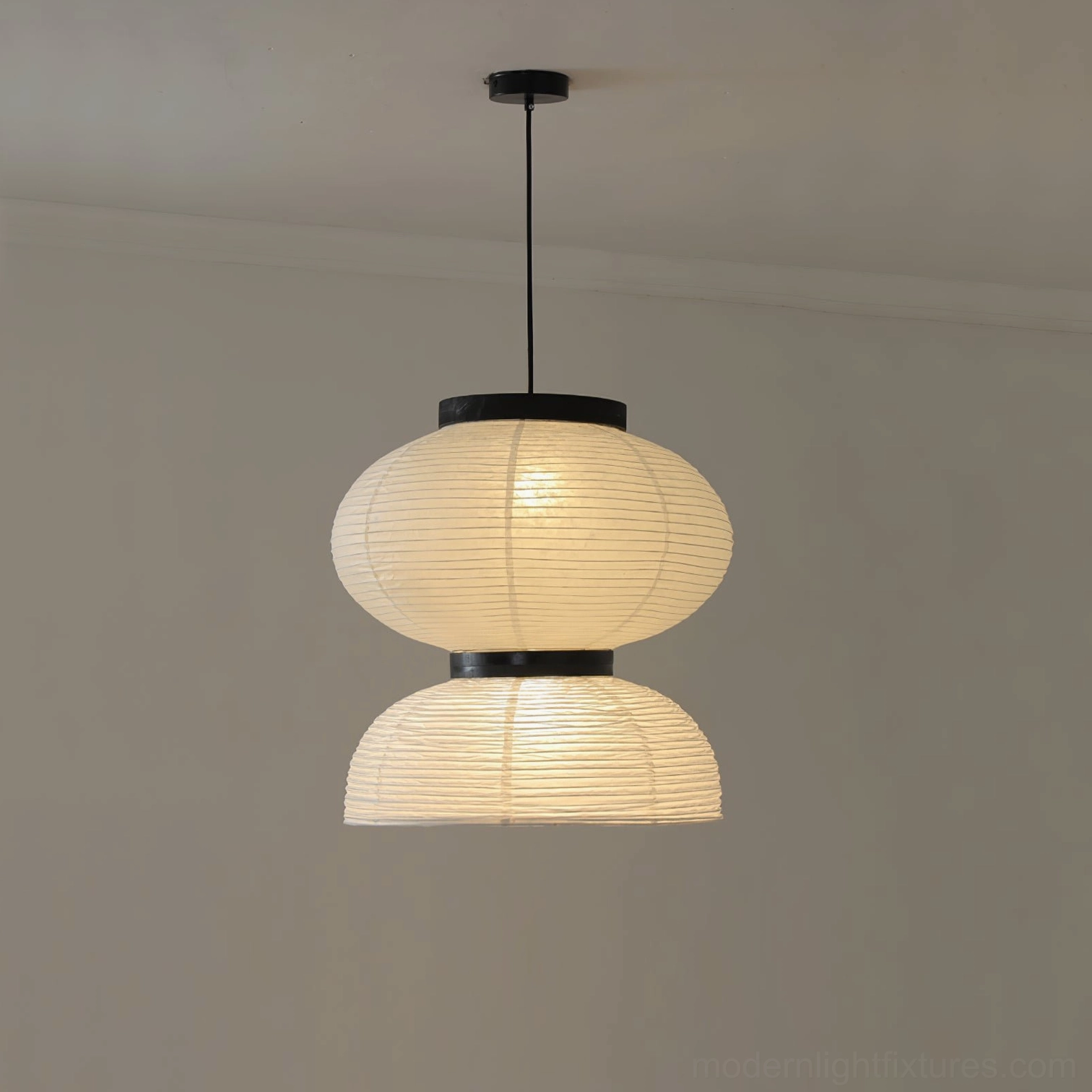 Xuan paper pendant lamp Model D in bedroom retreat setting, warm intimate lighting