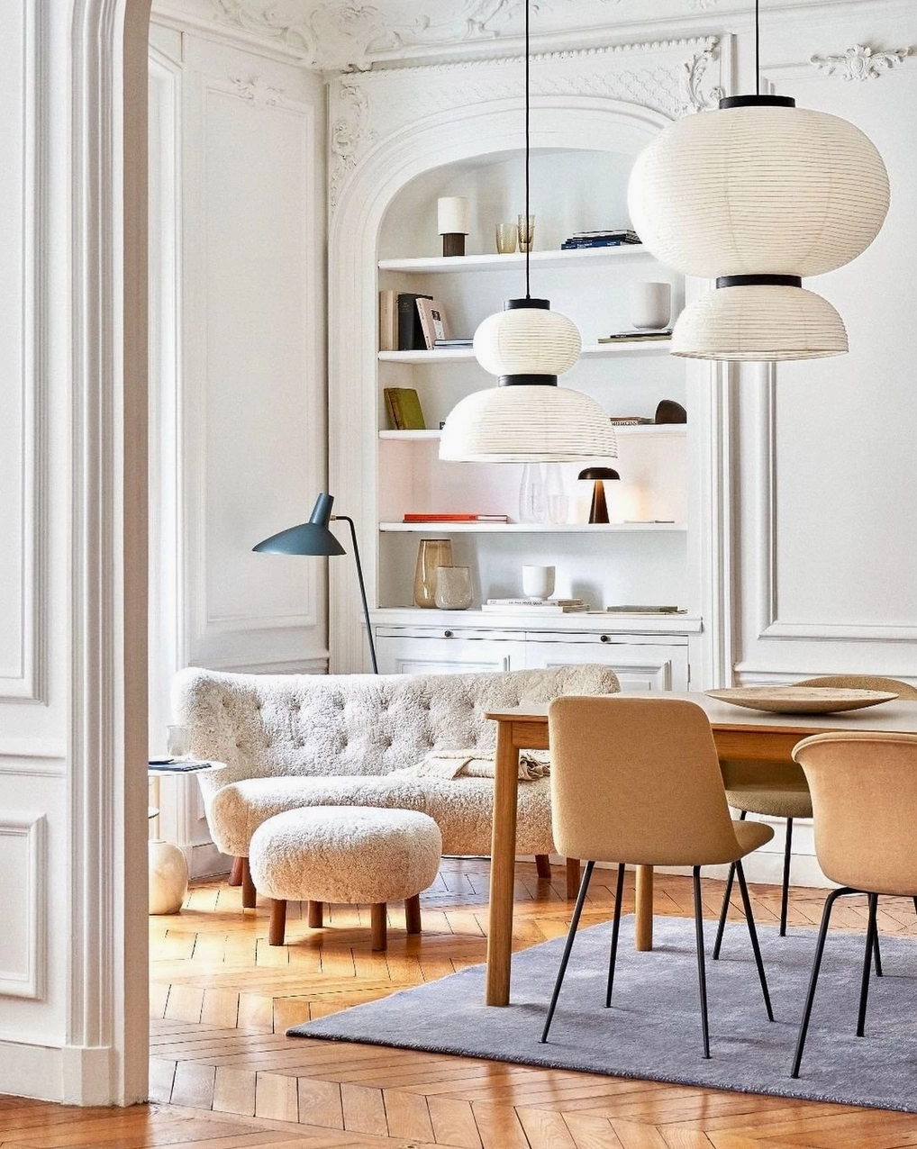 Xuan paper pendant lamp in transitional interior design setting with mixed style elements