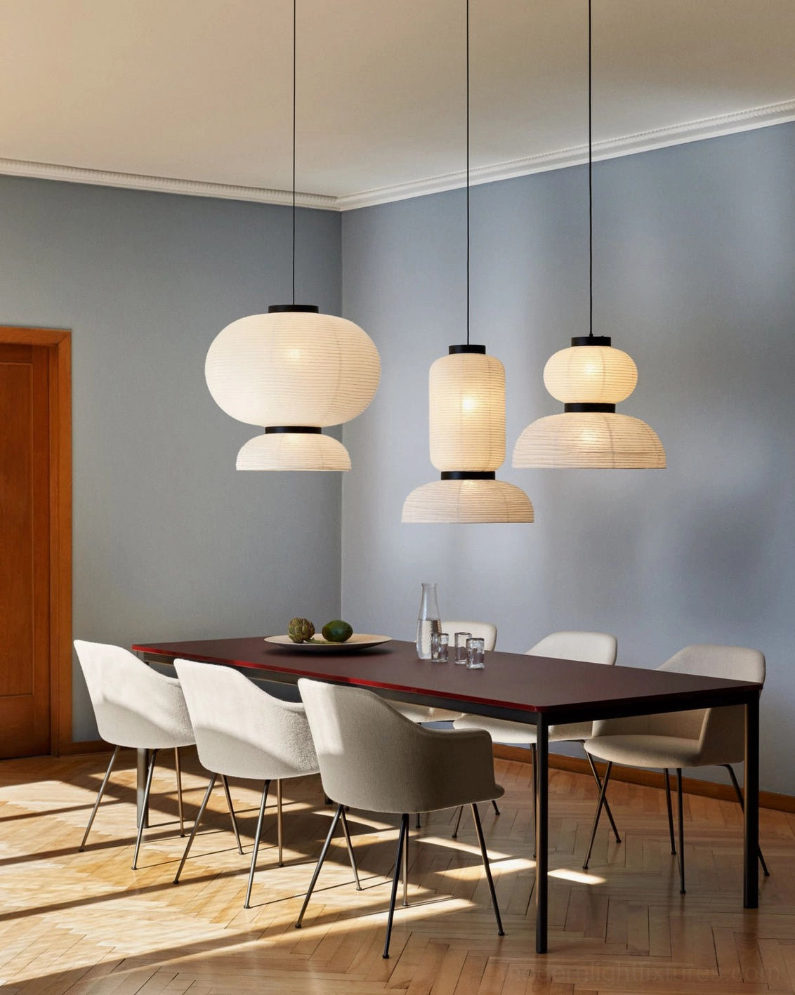 Assorted Xuan paper pendant lamps with different shapes and styles in contemporary dining room setting
