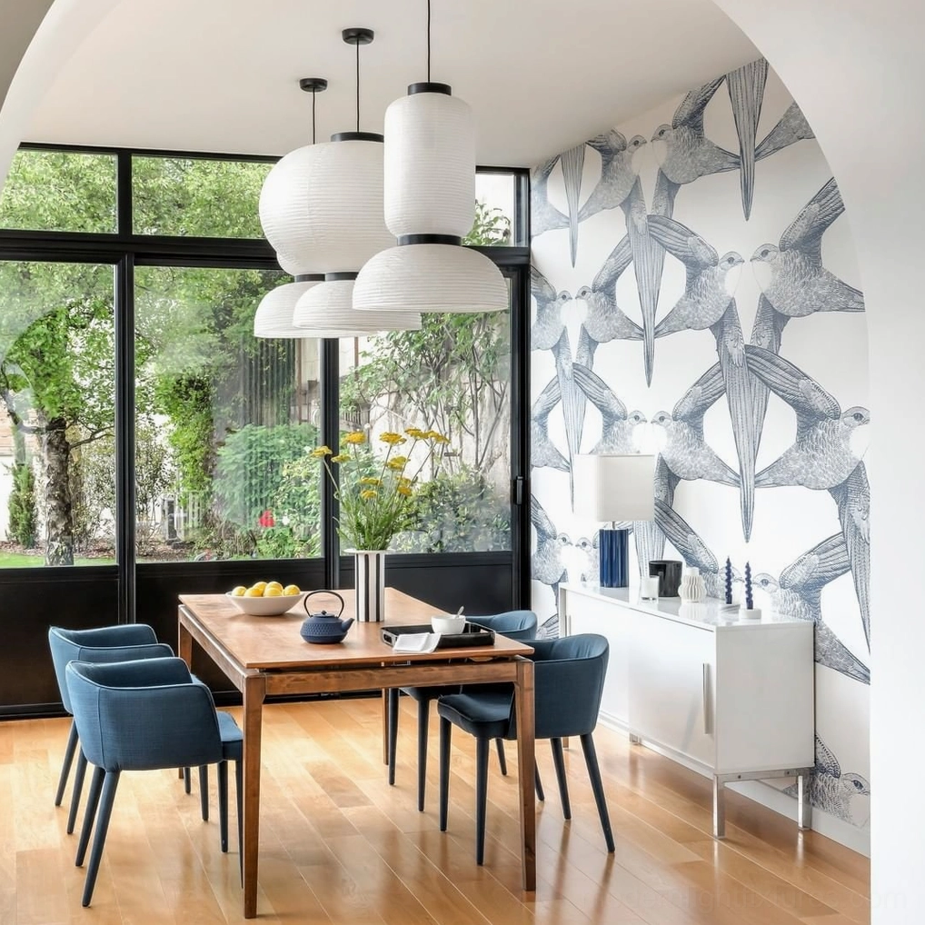 Multiple Xuan paper pendant lights installed in modern Nordic minimalist dining room with large windows