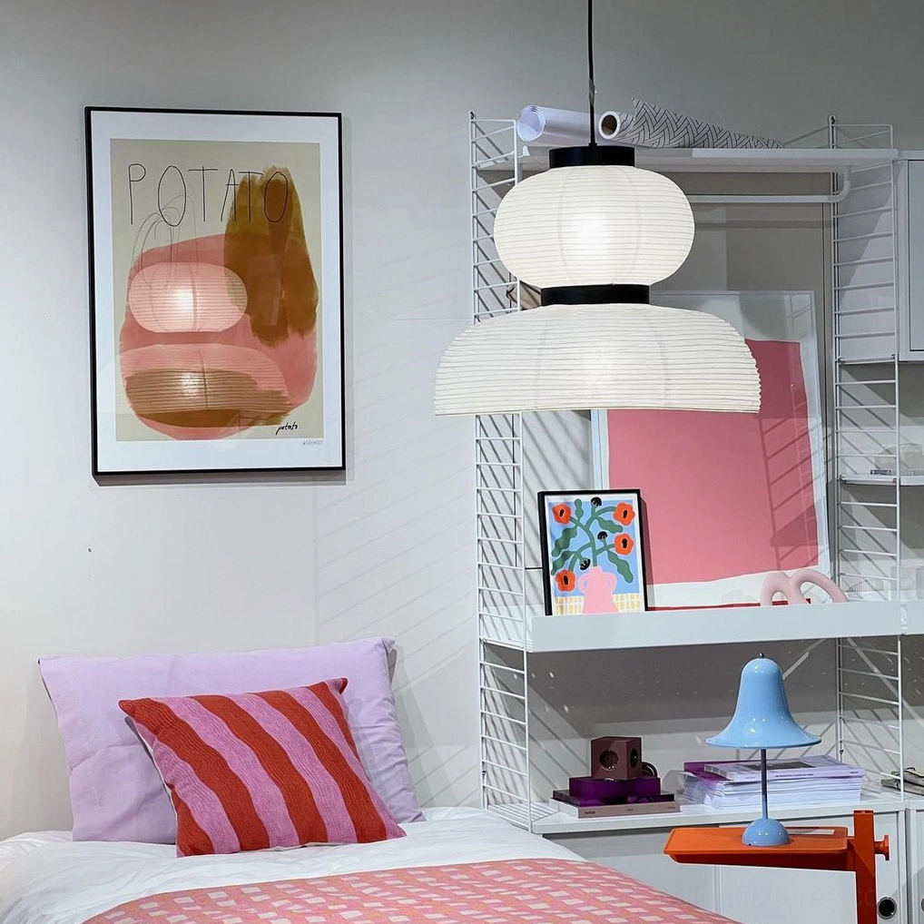 Tiered Xuan paper pendant lamp in Scandinavian minimalist bedroom workspace, side view