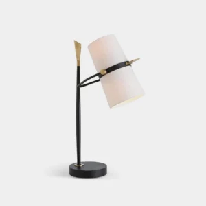 Yasmin rotating table lamp front view with black and white metal finish and white linen shade