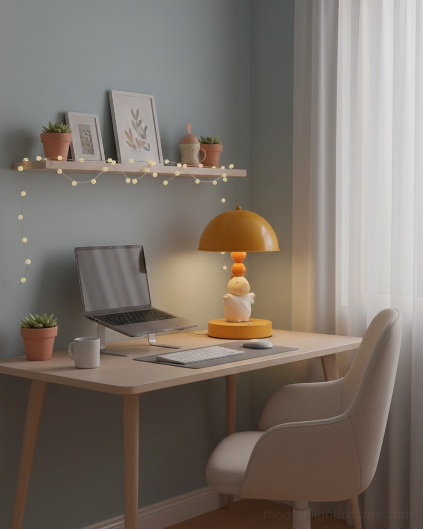Yellow capybara table lamp on wooden desk with laptop and office stationery