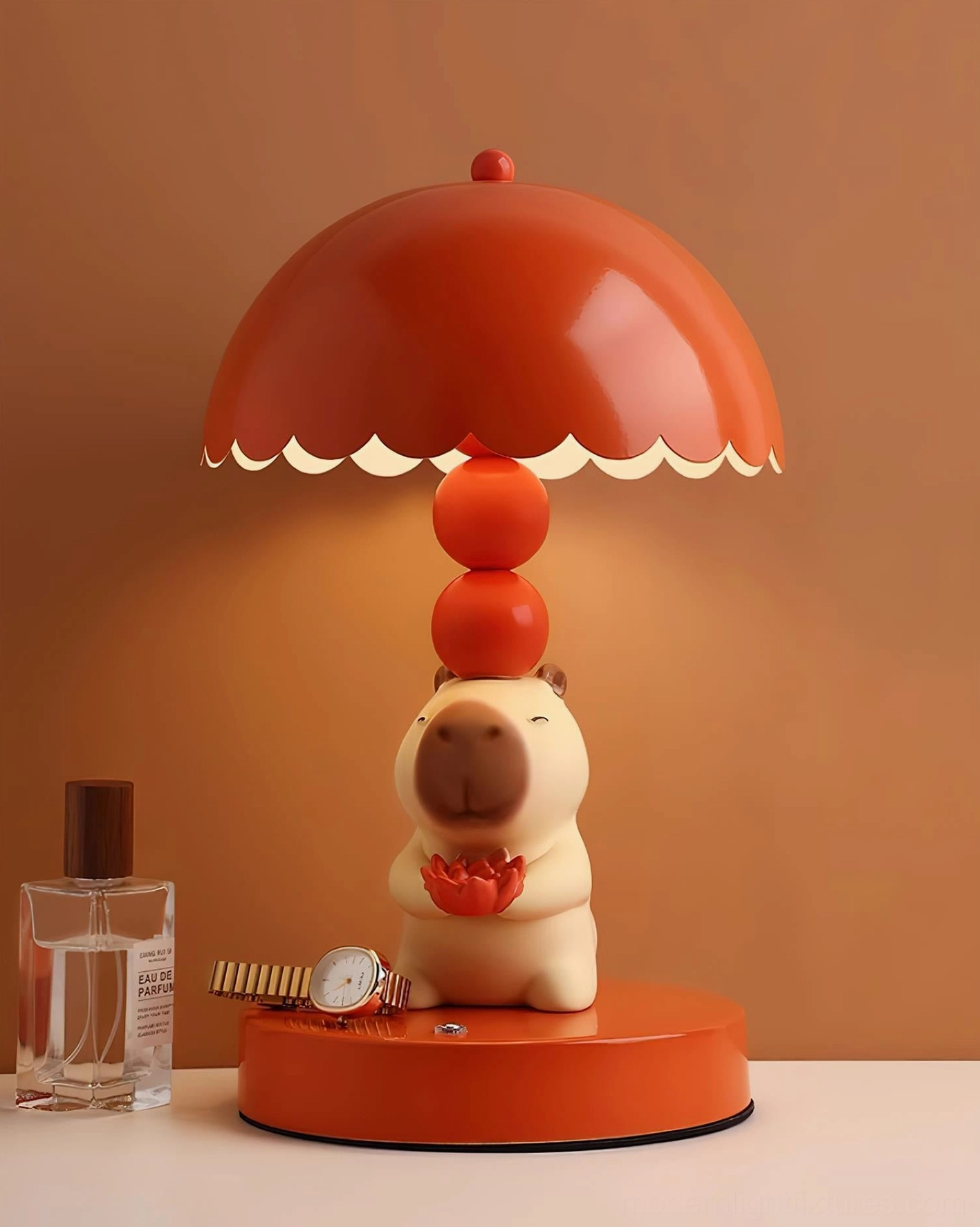Yellow capybara table lamp meditation pose design in home décor setting