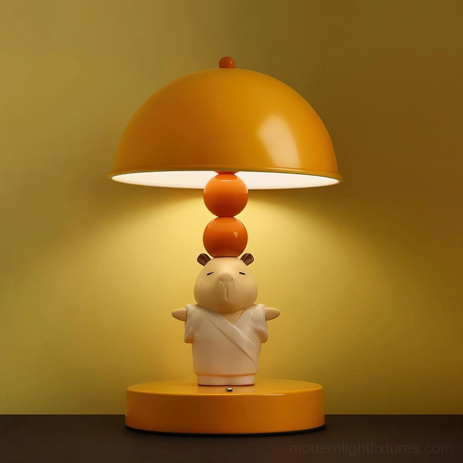 Yellow mustard capybara table lamp with meditation robe design on warm yellow background