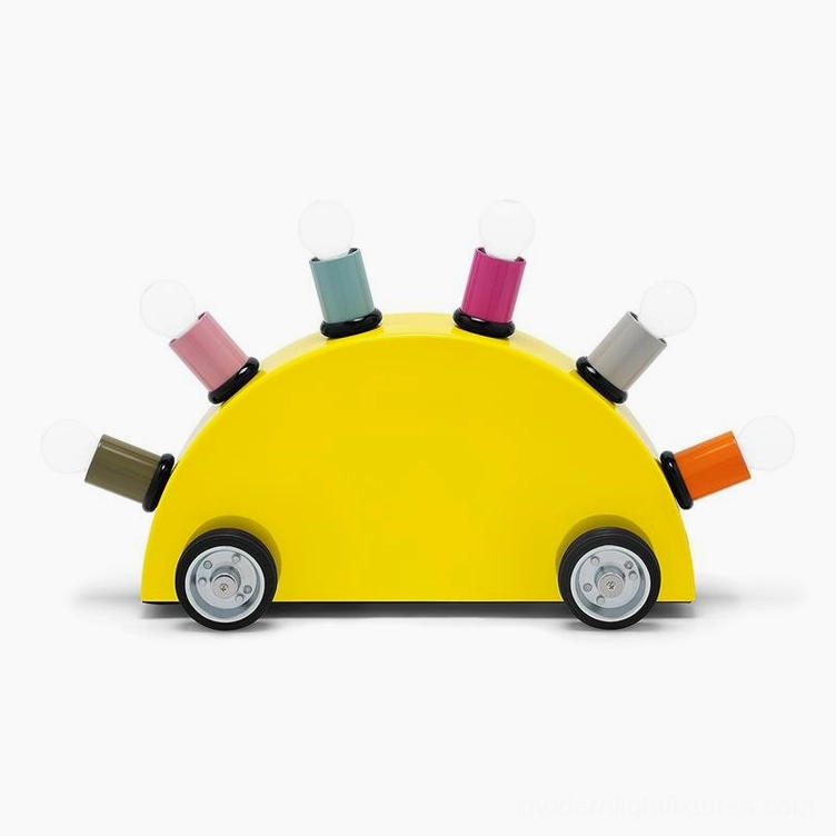Yellow cartoon car table lamp front view playful automotive design children lighting