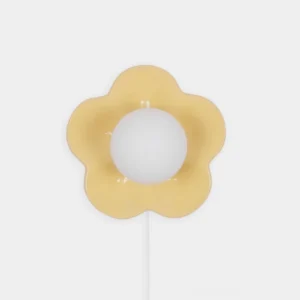 Yellow flower wall sconce with white frosted glass shade, front view plug-in lamp design