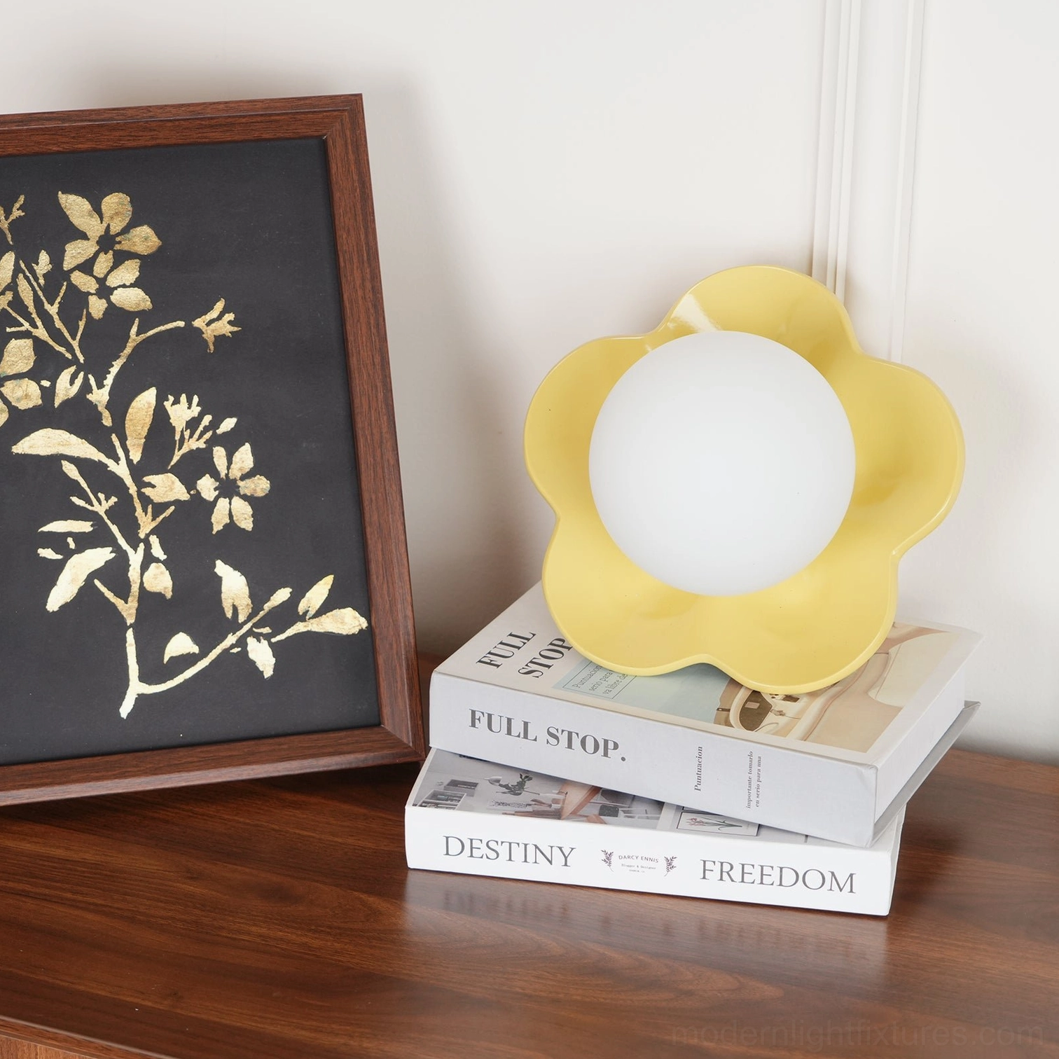 Yellow flower wall lamp as cheerful reading light in contemporary bedroom setting