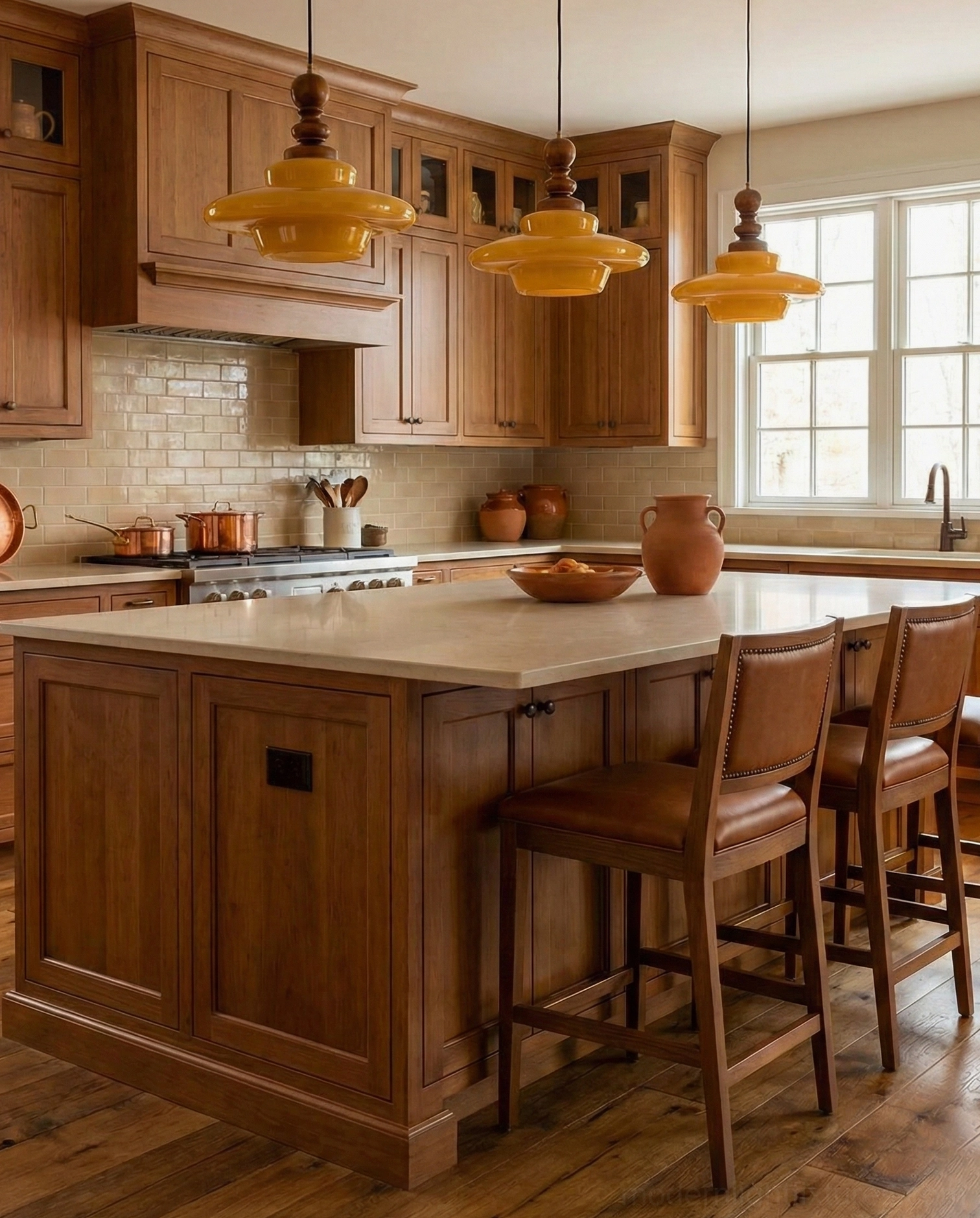 Multiple mustard yellow glass pendant lights suspended above traditional wooden kitchen island with leather bar stools