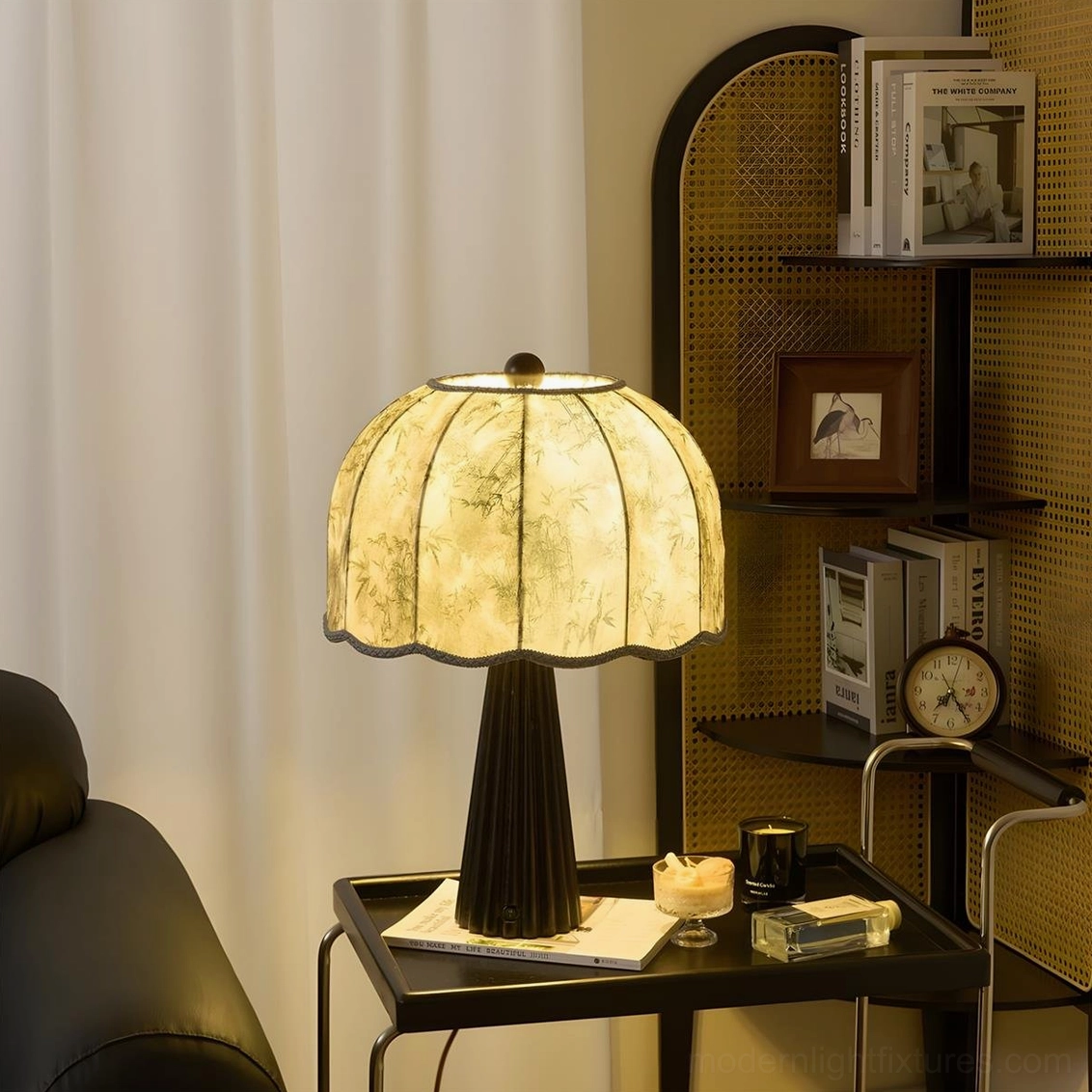 Yellow marbled printed scalloped fabric table lamp with black fluted base - ambient lighting bedroom