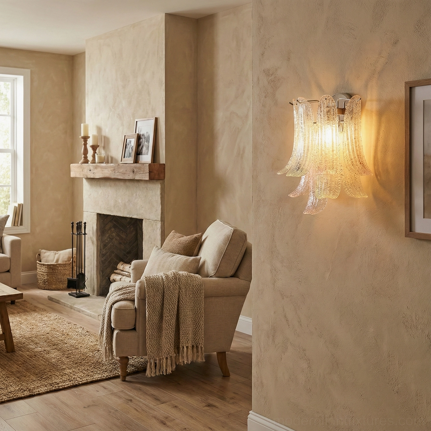 Yellow petal glass wall sconce providing warm inviting illumination in contemporary interior space