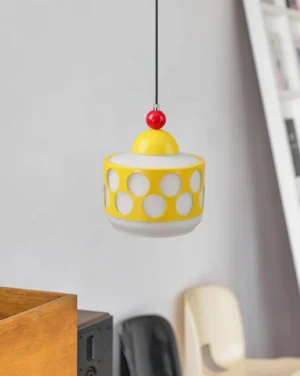 Yellow Popdot geometric pendant lamp installed in home interior, displaying warm ambient lighting and contemporary design aesthetic