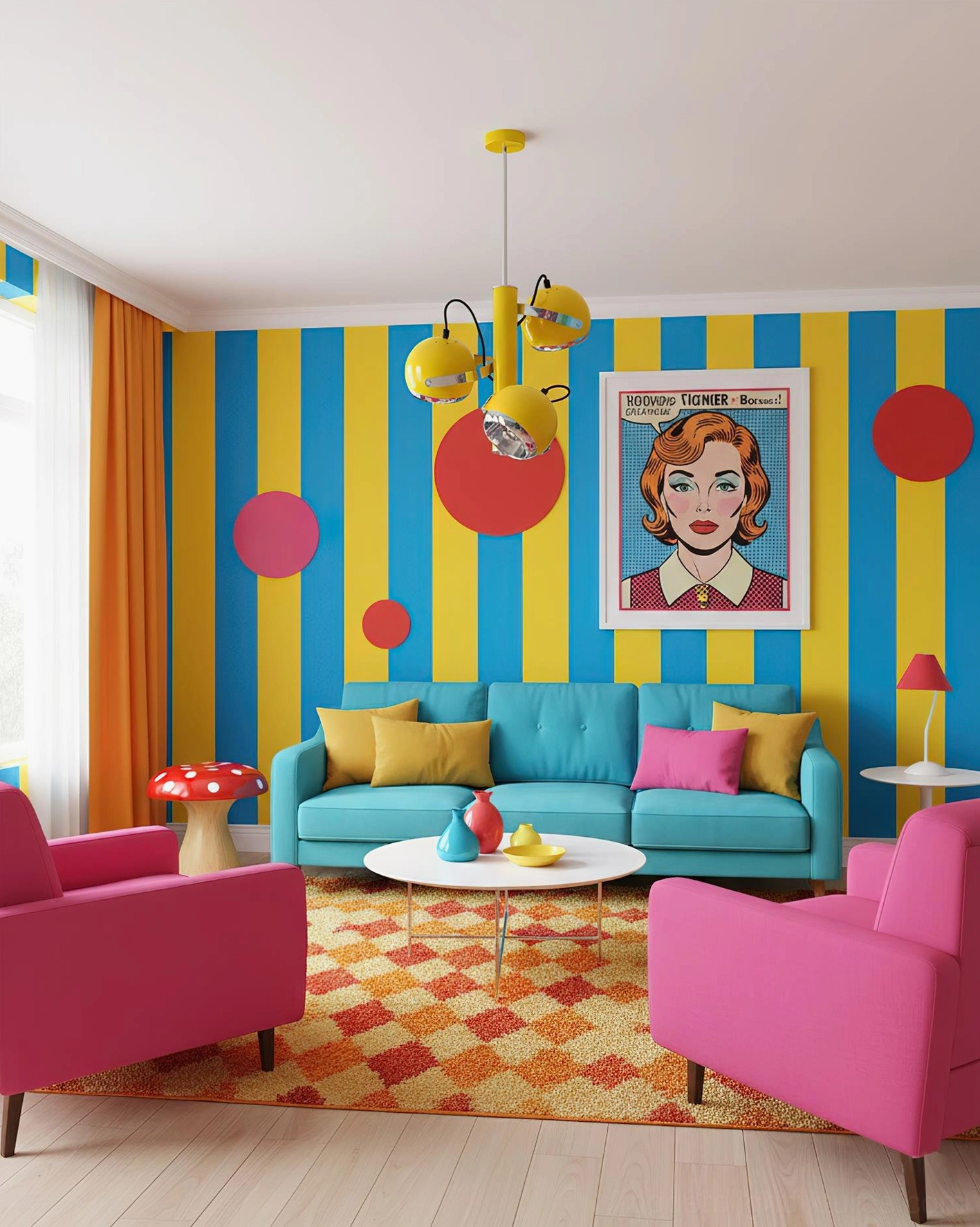 Yellow Sputnik pendant light in bold retro striped living room with colorful seating