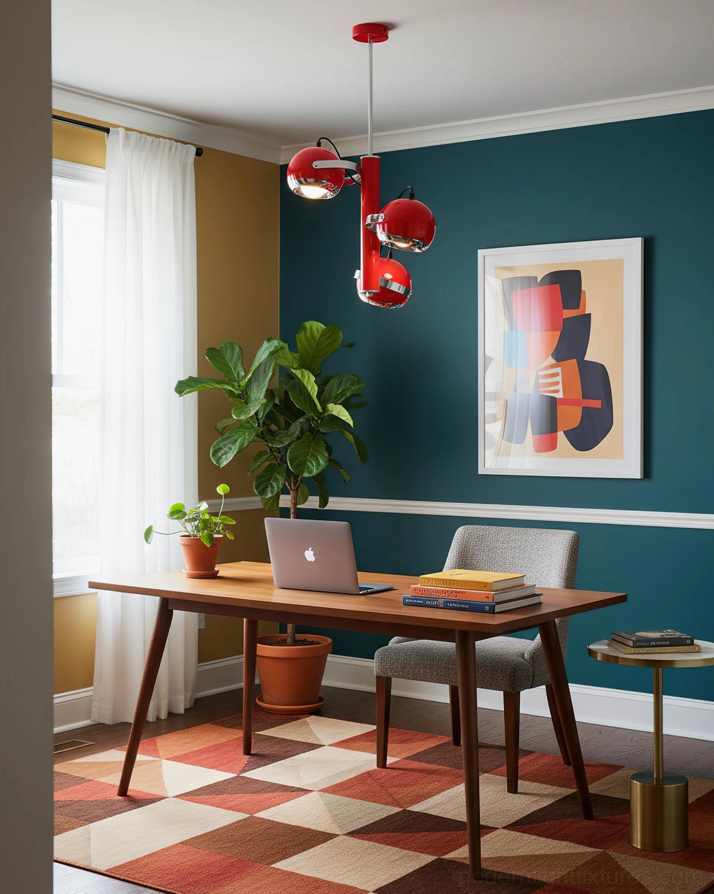 Yellow Sputnik atomic chandelier pendant in contemporary interior with minimalist furnishings