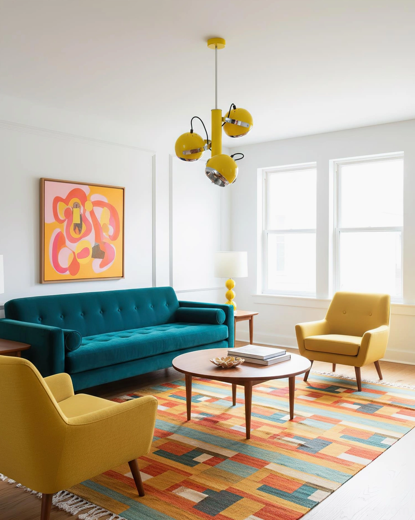 Yellow Sputnik pendant lamp in retro vibrant living space with teal sofa and geometric rug