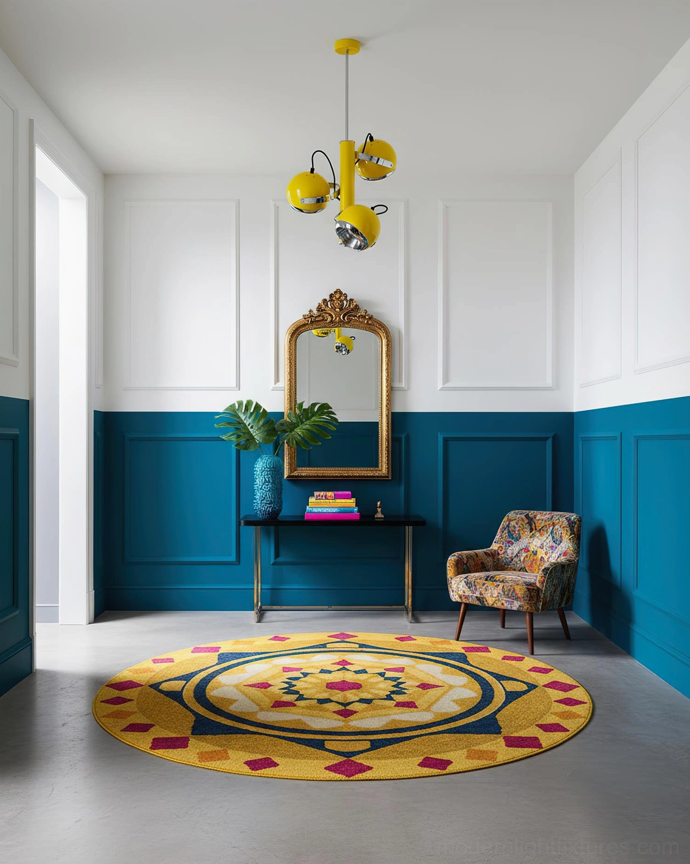 Yellow Sputnik pendant lamp in elegant compact sitting area with teal wainscot walls