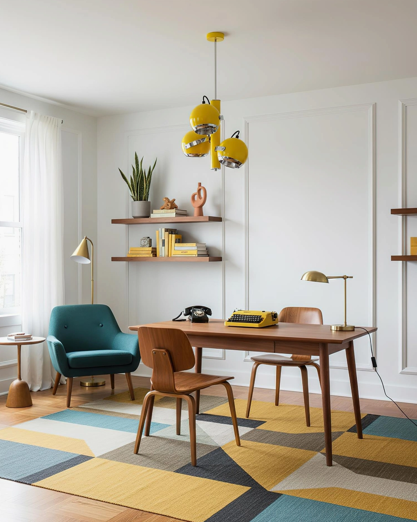 Yellow Sputnik atomic pendant light in bright minimalist home office with wooden desk