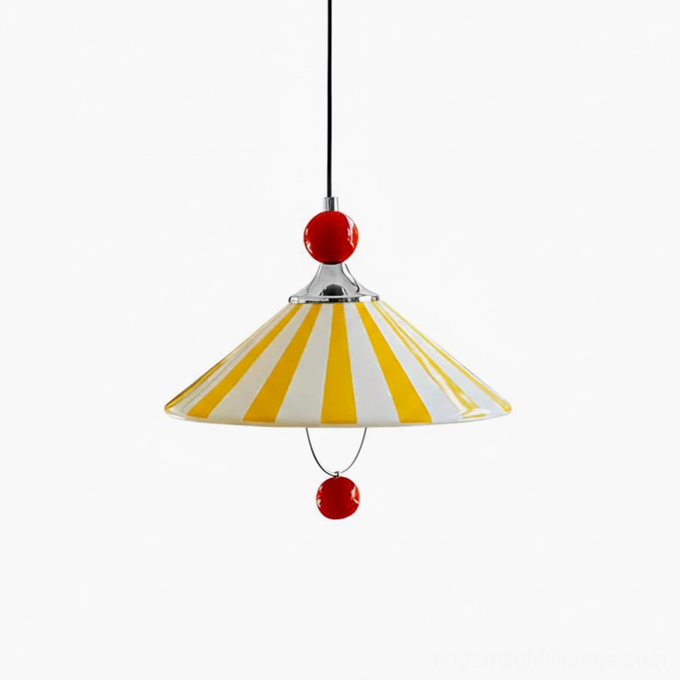 Yellow striped ceramic pendant light, retro color block hanging fixture with red spherical accents