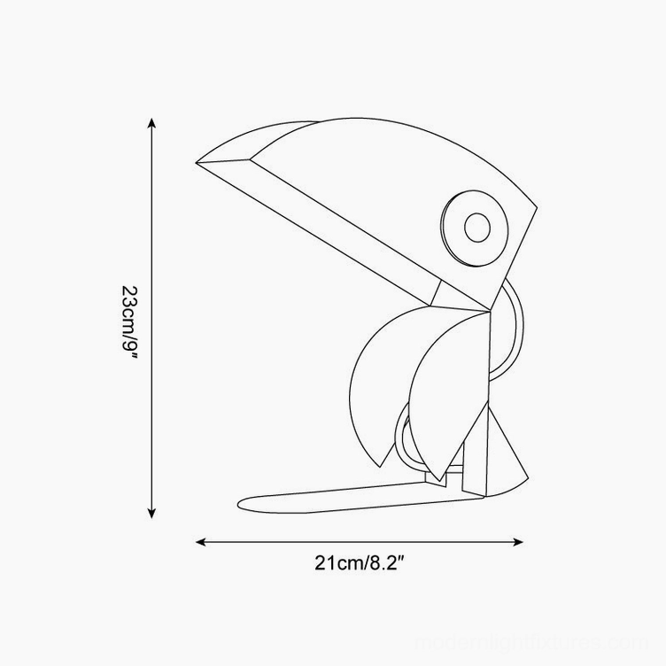 Technical line drawing schematic of yellow toucan table lamp with 23cm height and 21cm diameter measurements