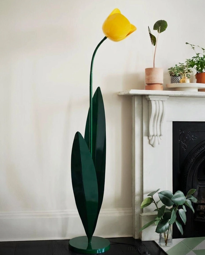 Yellow tulip floor lamp in bright contemporary living room with fireplace and decorative potted plants – warm botanical floor lighting