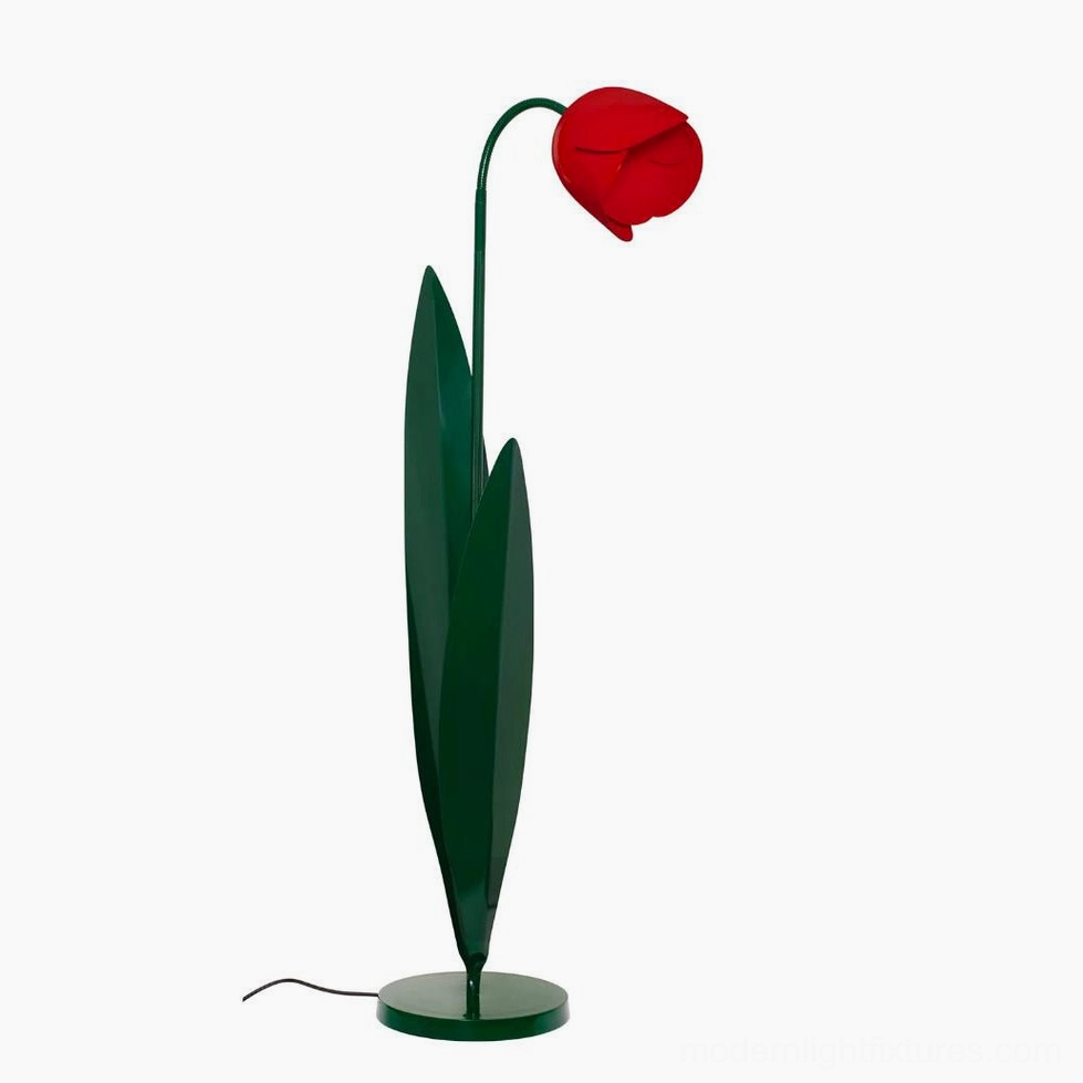 Yellow tulip floor lamp positioned as sculptural statement piece in curated living room – botanical floor light interior styling