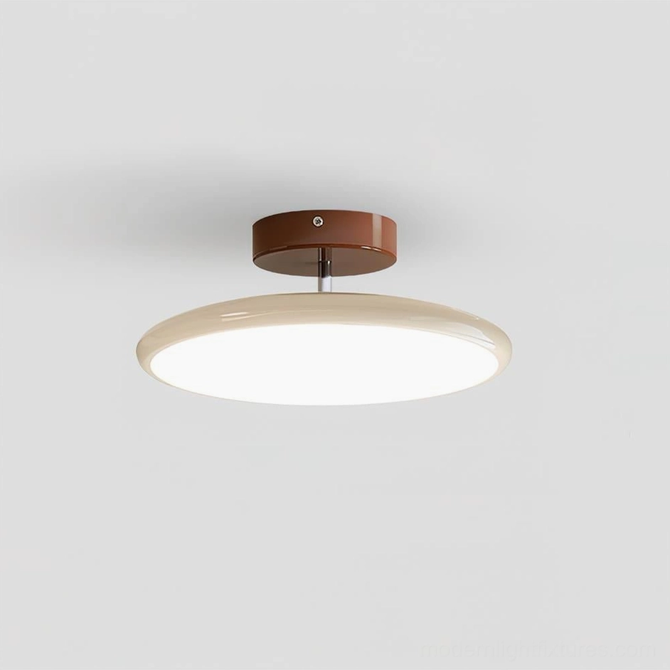 Zayn 30cm small ceiling light with warm beige acrylic disc and brown canopy, ideal for bedrooms and compact rooms