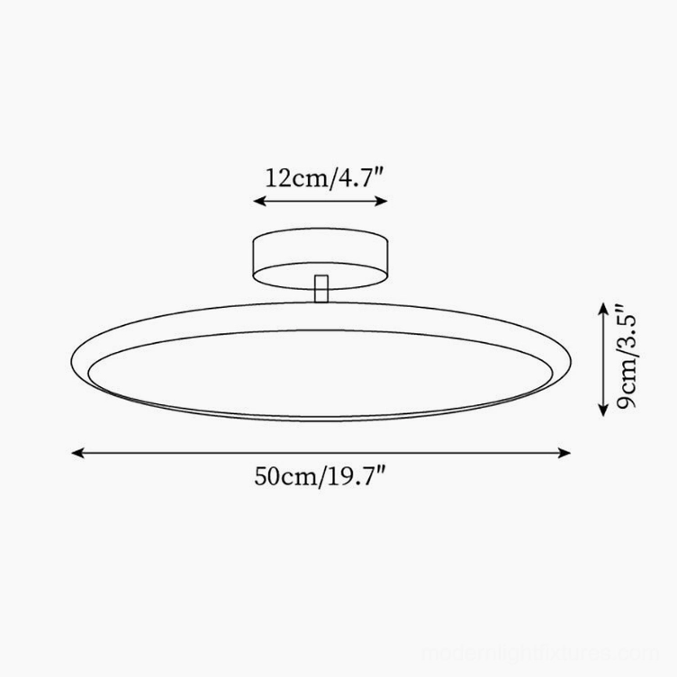 Zayn ceiling light technical specifications diagram showing 50cm diameter, 9cm height, and 12cm ceiling base dimensions