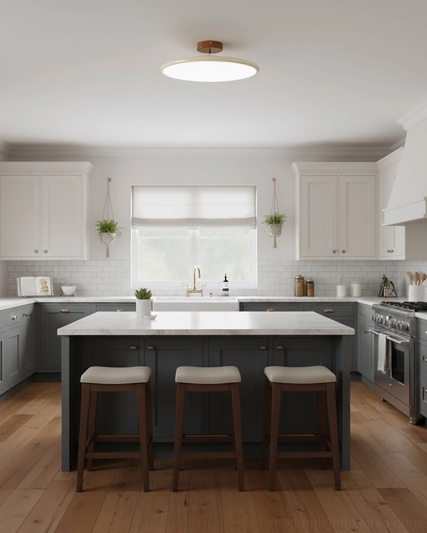 Compact Zayn round flush mount ceiling light in modern kitchen with central island, minimalist design