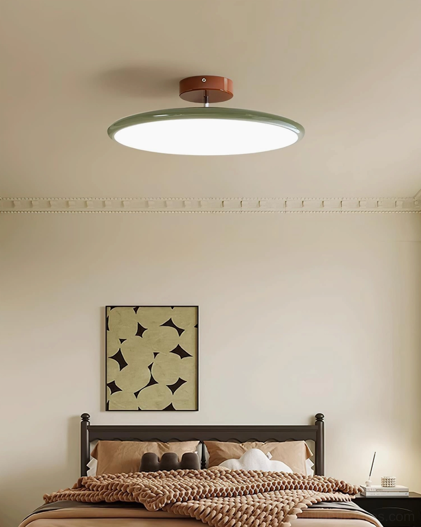Zayn flush mount ceiling light in bathroom with damp rating, showing colored acrylic disc and brown metal base