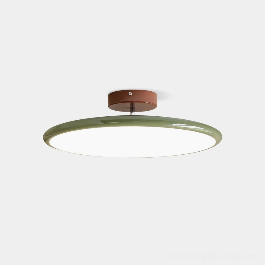 Zayn modern flush mount ceiling light with sage green acrylic disc and brown metal canopy, front studio view on white background