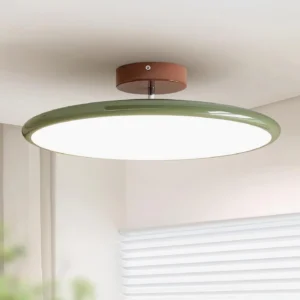 Zayn ceiling light installed in residential bedroom showing sage green disc with warm 3000K LED illumination above louvered window