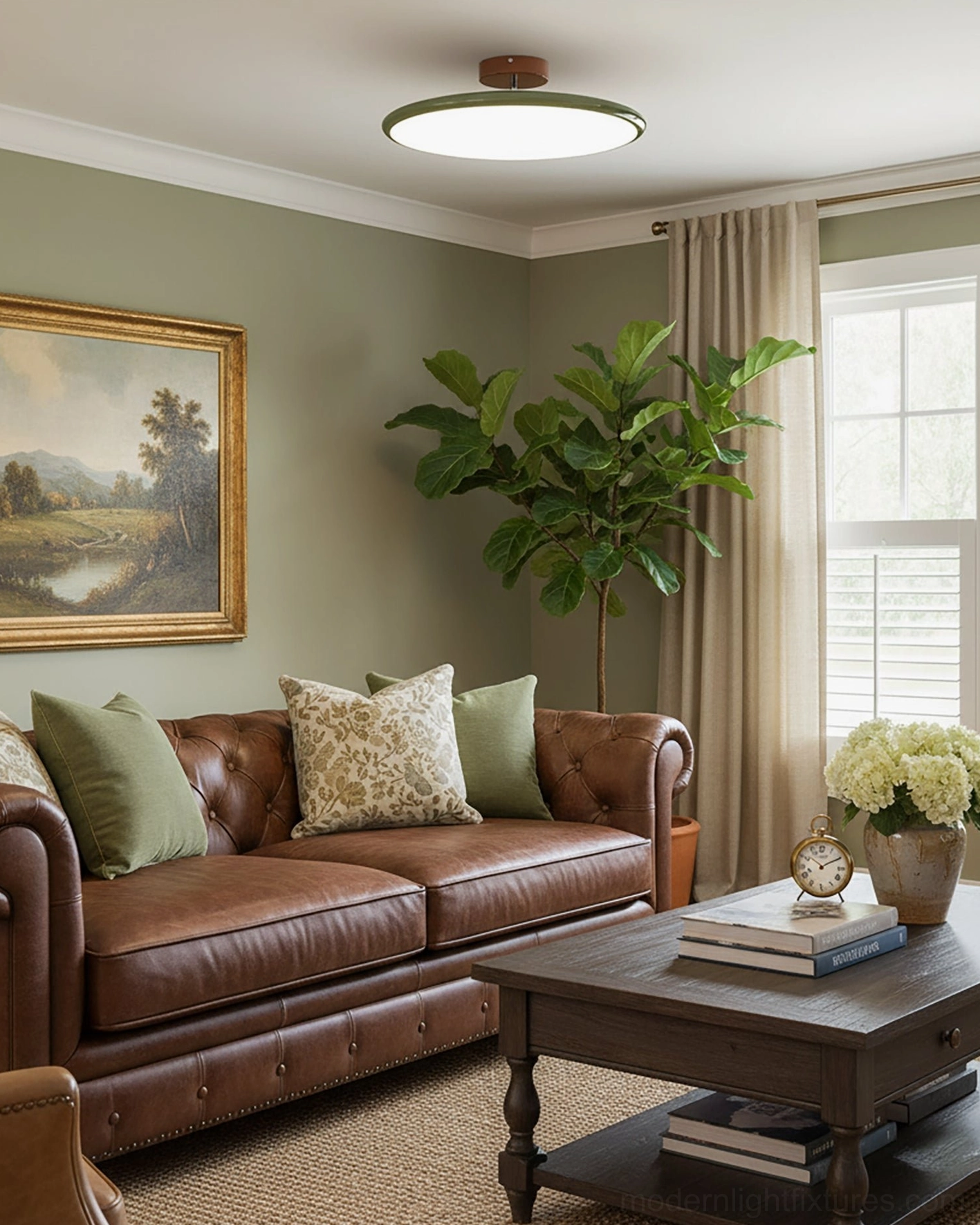 Zayn sage green modern ceiling light fixture installed in retro leather sofa living room, wide-angle view showing ambient warm lighting