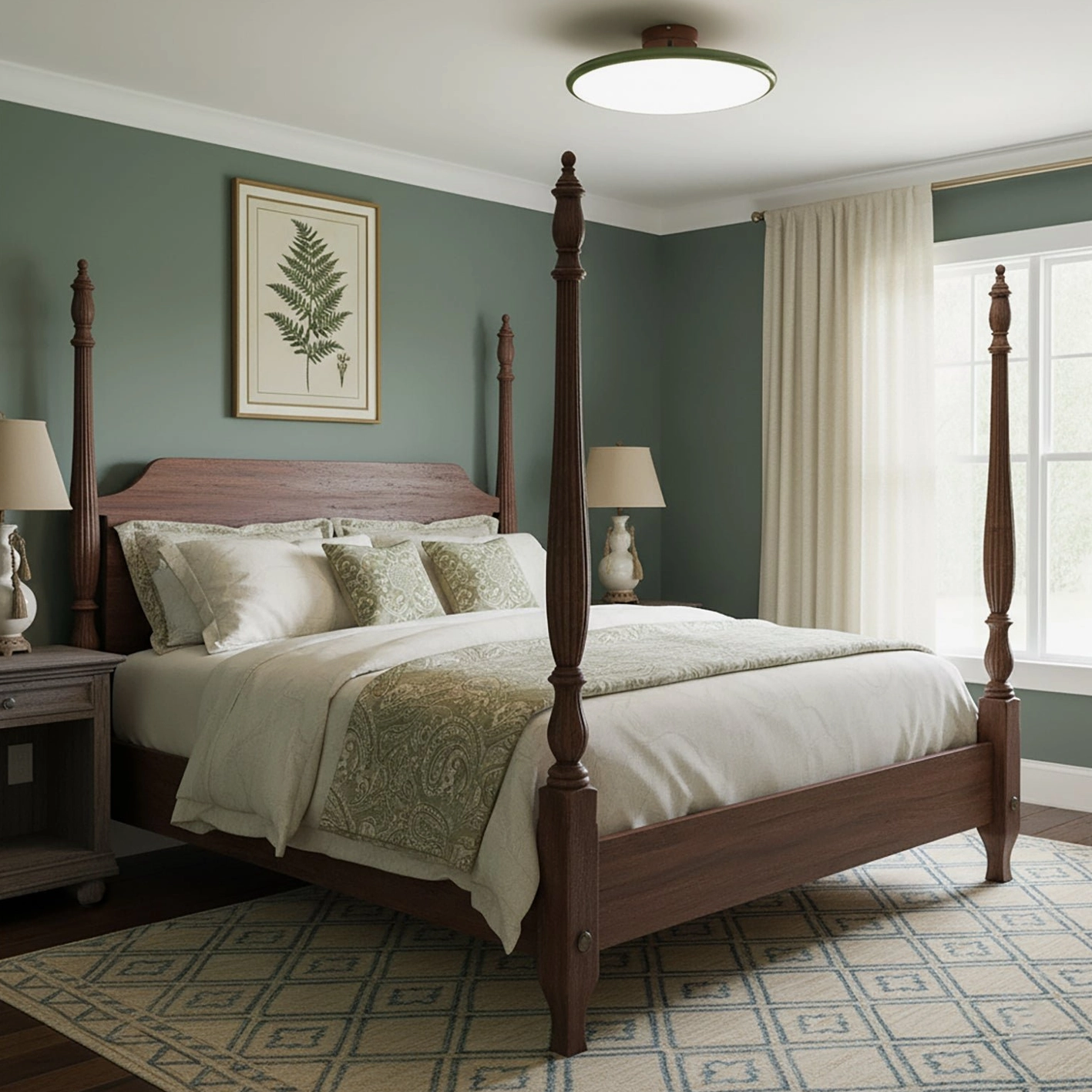 Zayn olive green ceiling fixture installed above traditional four-poster bed, creating warm home ambiance in bedroom