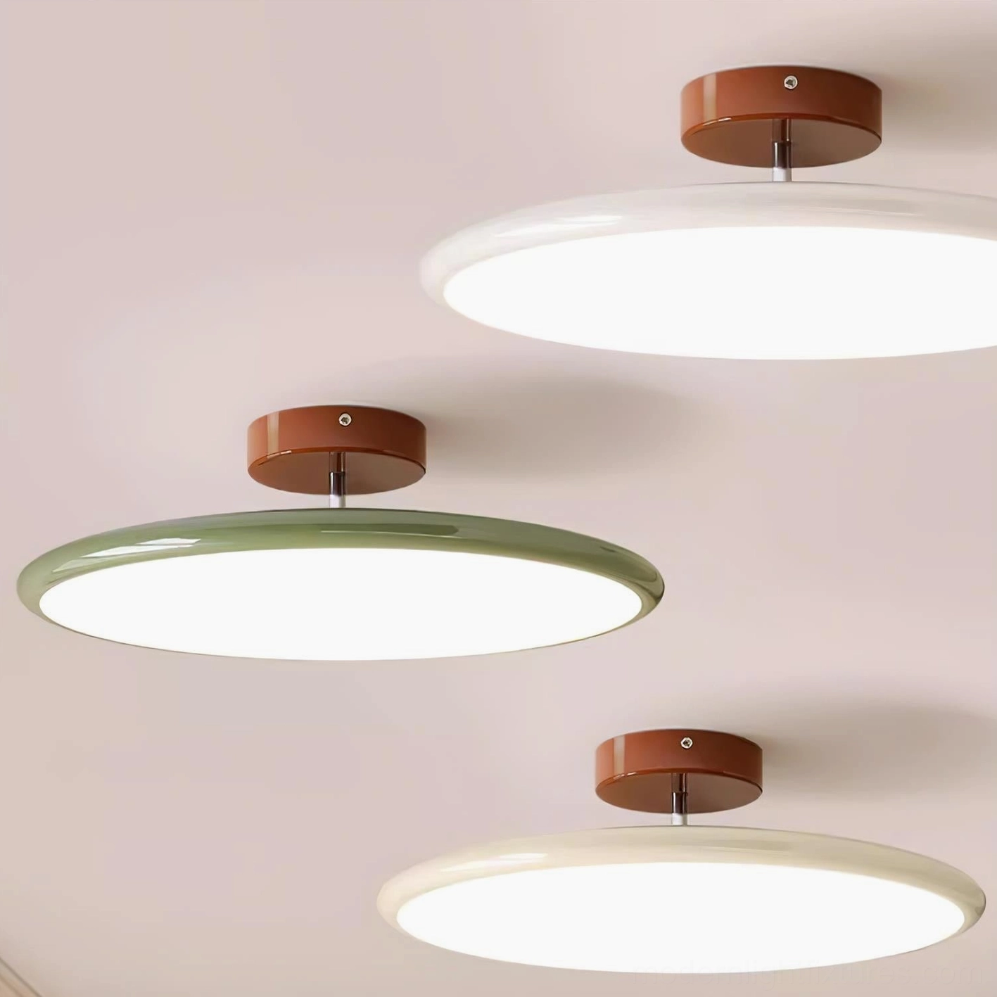 Zayn ceiling light multiple installation views showing 30cm, 40cm, and 50cm sizes in various interior rooms
