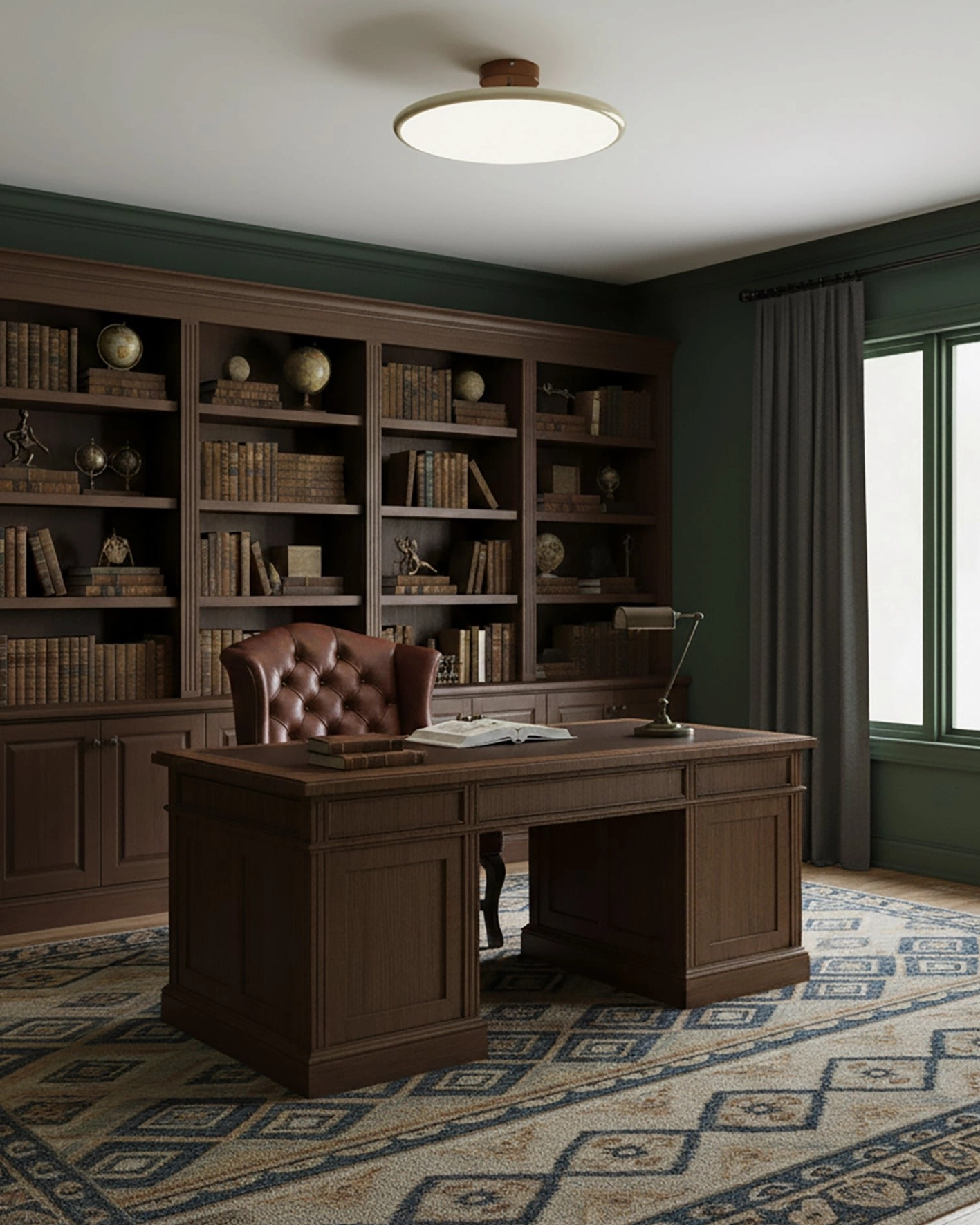 Zayn white acrylic disc ceiling light in classic home study office, showing even warm 3000K LED illumination